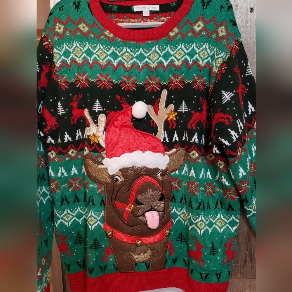 Christmas Party Red GreenSweater Men 2x Big Embroidered Reindeer Jinglebell